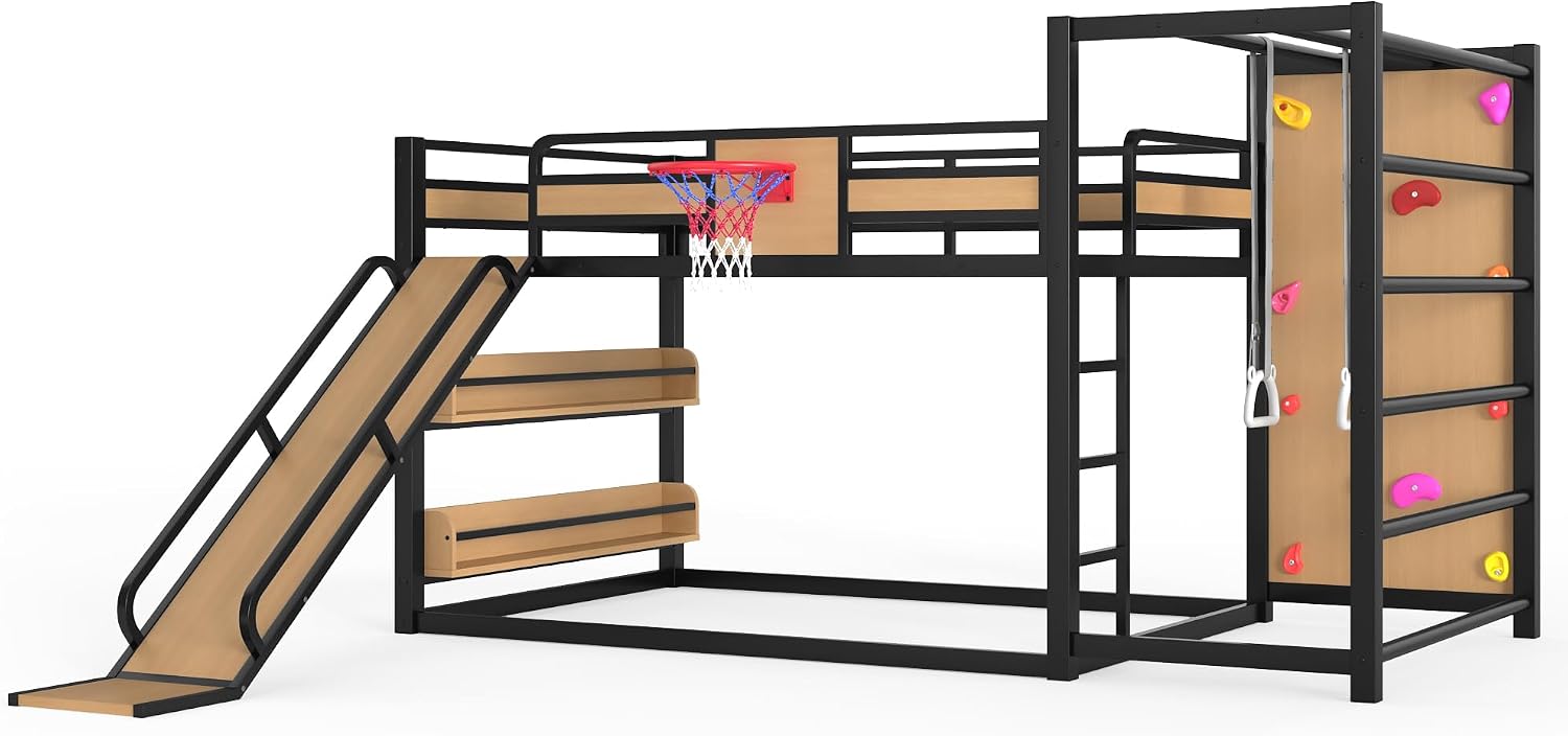 Bellemave Metal Full Over Full Bunk Bed Frame with Slide,Full Size Floor Bunk Bed and Basketball Hoop,Pull-up Rings and Climbing Wall,Heavy Duty Bunk Beds with Bookshelves for Kids Girls Boys,Natural