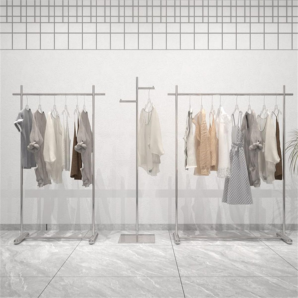 Freestanding Chrome Stainless Steel Coat Rack with Stand Clothing Store Display Rack Floor-standing Women Clothing Stainless Steel Horizontal Bar Shelf Island Hanger Silver 46'L x 16'W x 59'H
