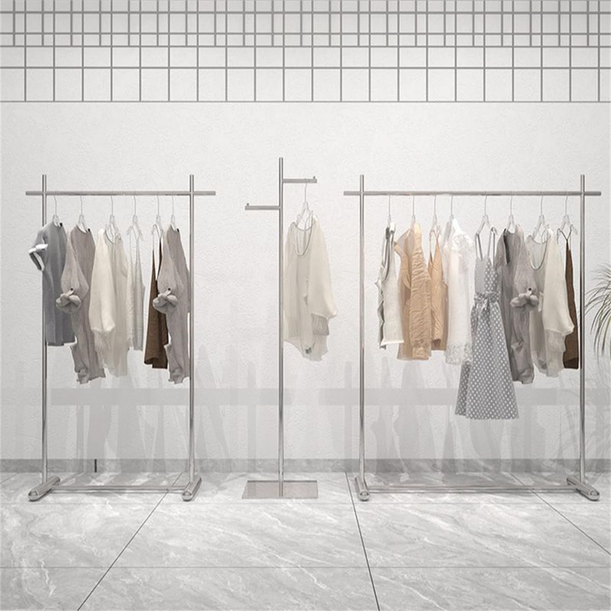 Freestanding Chrome Stainless Steel Coat Rack with Stand Clothing Store Display Rack Floor-standing Women Clothing Stainless Steel Horizontal Bar Shelf Island Hanger Silver 46'L x 16'W x 59'H