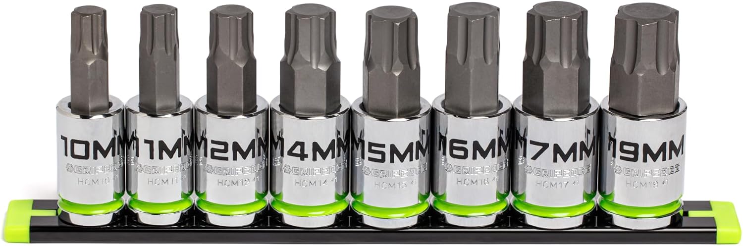 GRIPEDGE HEX Bit Socket Set | 8-PC - 1/2'' Drive Metric RPT Hex Driver Set | Sizes 10, 11, 12, 14, 15, 16, 17, 19 MM | Made With S2 Steel | Includes Premium Aluminum Storage Rail |