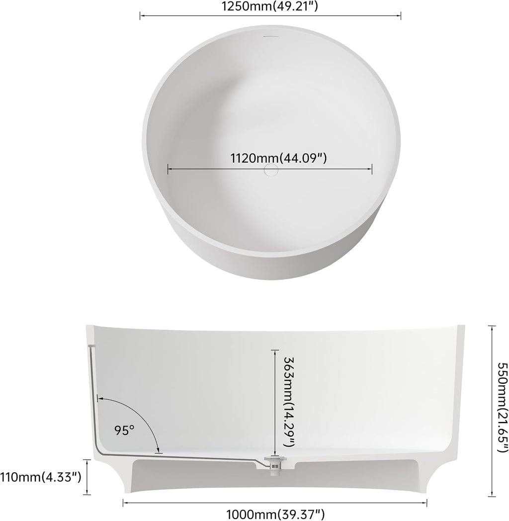 49' Premium Freestanding Round Bathtub,Resin Stone Solid Surface Deep Soaking Tub with Overflow and Pop-up Drain, Matte White