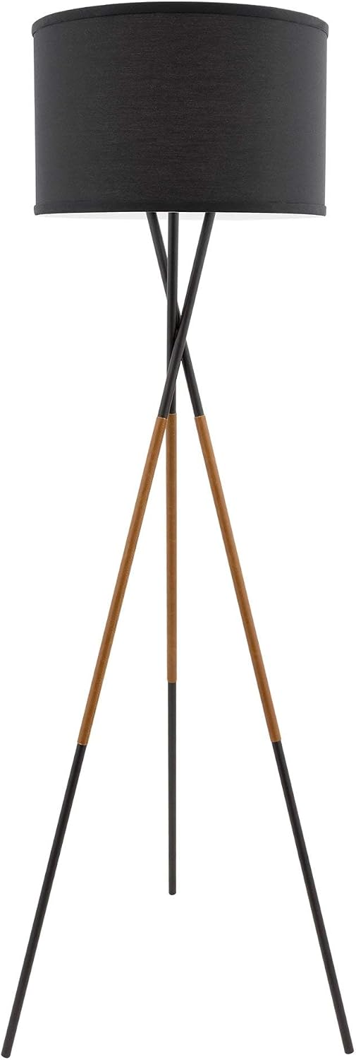 Kira Home Sadie 61' Modern Tripod Floor Lamp with Black Linen Drum Shade, Cross-Leg Standing Light with 9W LED Bulb and Leather Accent, Black Finish