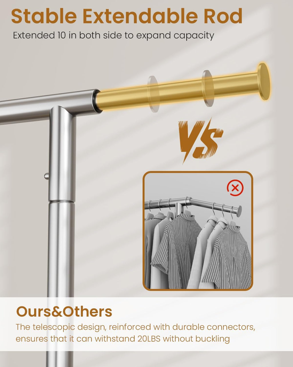 Heavy Duty Clothes Rack, Metal Clothing Rack Load 450 LBS, Rolling Coat Racks for Hanging Clothes with Lockable Wheels, Silver+Gold