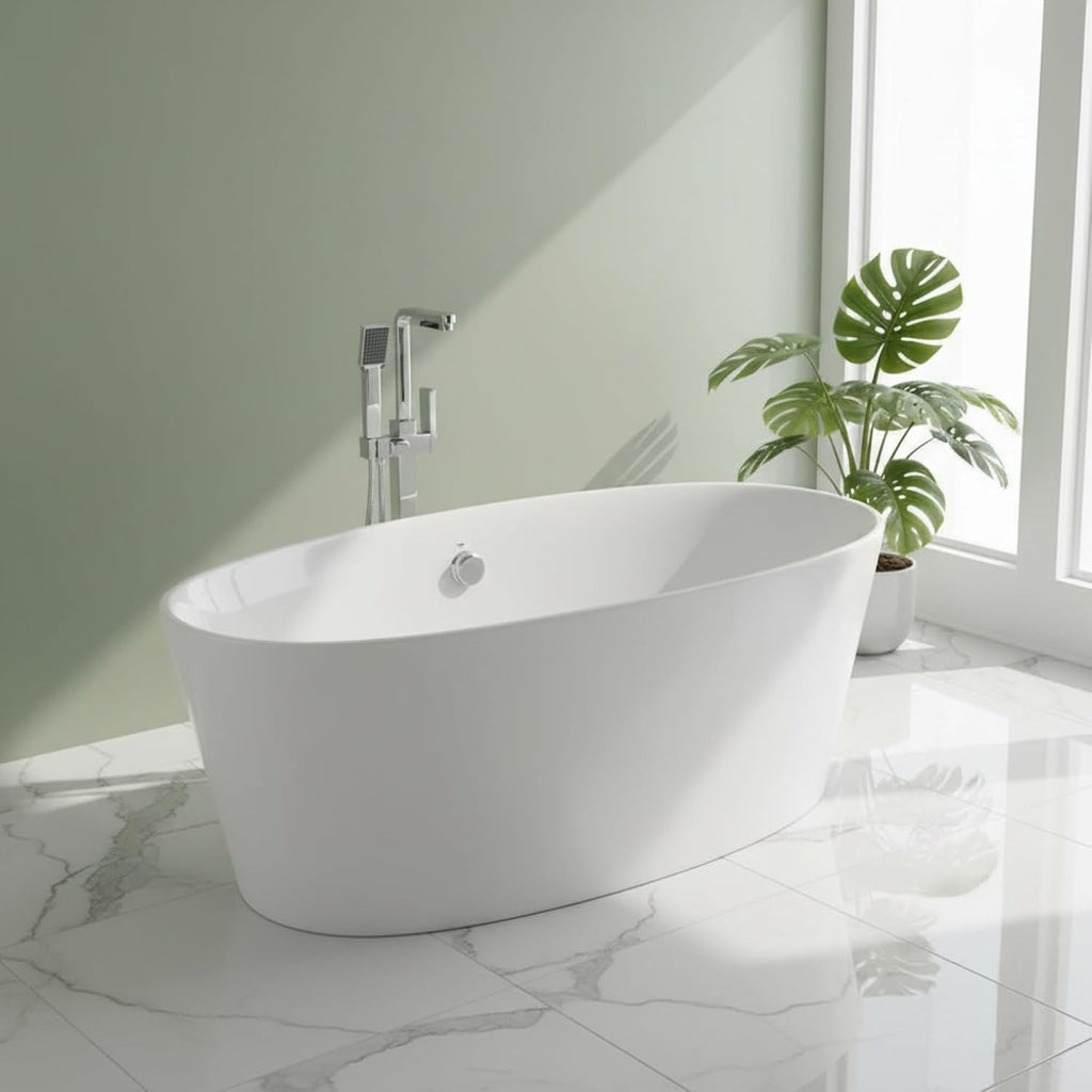 Grasse 67' Freestanding Acrylic Bathtub with Chrome Drain, Glossy White Seamless Soaking Tub, Fiberglass Reinforced with Leveling Legs, 56 Gal Capacity