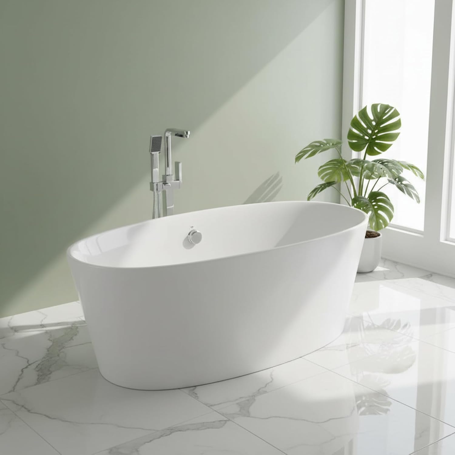 Grasse 67' Freestanding Acrylic Bathtub with Chrome Drain, Glossy White Seamless Soaking Tub, Fiberglass Reinforced with Leveling Legs, 56 Gal Capacity