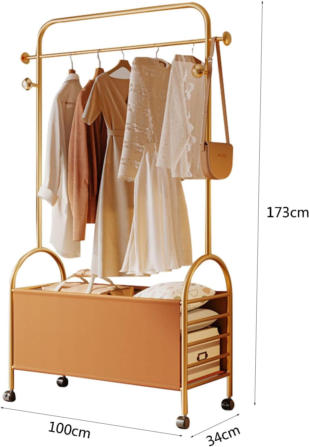 3-in-1 Metal Clothes Rack, 173cm Heavy Duty Glod Rolling Garment Rack with PU leather Basket Clothes Racks for Hanging Clothes Clothes Storage and Display