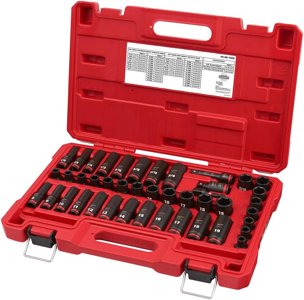 49-66-7009 Impact Socket Set FOR Milwaukee 3/8 Inch Drive SAE Metric SHOCKWAVE Impact Duty 43 Pc Socket Kit with Extension Universal Joint Adapter