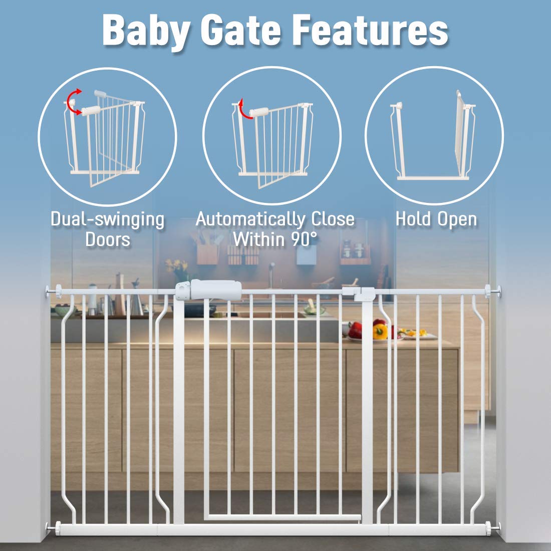 ALLAIBB Extra Wide Pressure Mount Baby Gate Auto Close White Metal Child Dog Pet Safety Gates with Walk Through for Stairs,Doorways,Kitchen and Living Room(48.03-52.76'/122-134cm)