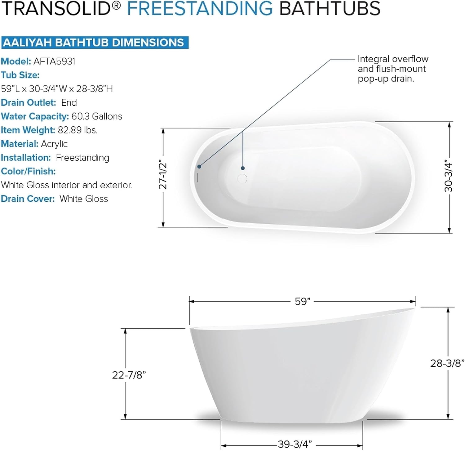 Transolid Aaliyah Freestanding Flatbottom Soaking Bathtub Kit 59 in. x 30-3/4 in. Gloss White with Peyton T4200-BN Brushed Nickel Floor-Mount Faucet and Reversible EZ-Click End Drain