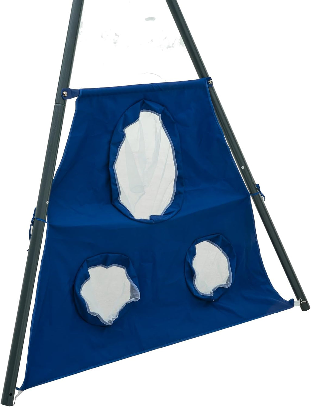 6‑Function Outdoor Swing Set with Net Saucer, Mini Slide, Face‑to‑Face Swings, Basketball Hoop & Soccer Net, Heavy‑Duty Steel Playground Playset (440 lbs) in Grey & Blue for Boys and Girls Ages 3+