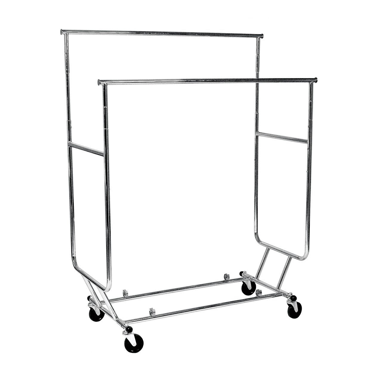 AMKO RCS/2-CH Collapsible Rolling Rack in Chrome Finish with Double Hangrail, Ball Bearing Casters. Heavy Duty Garment Rack, Commercial Grade Display Rack. Store Display Supplies