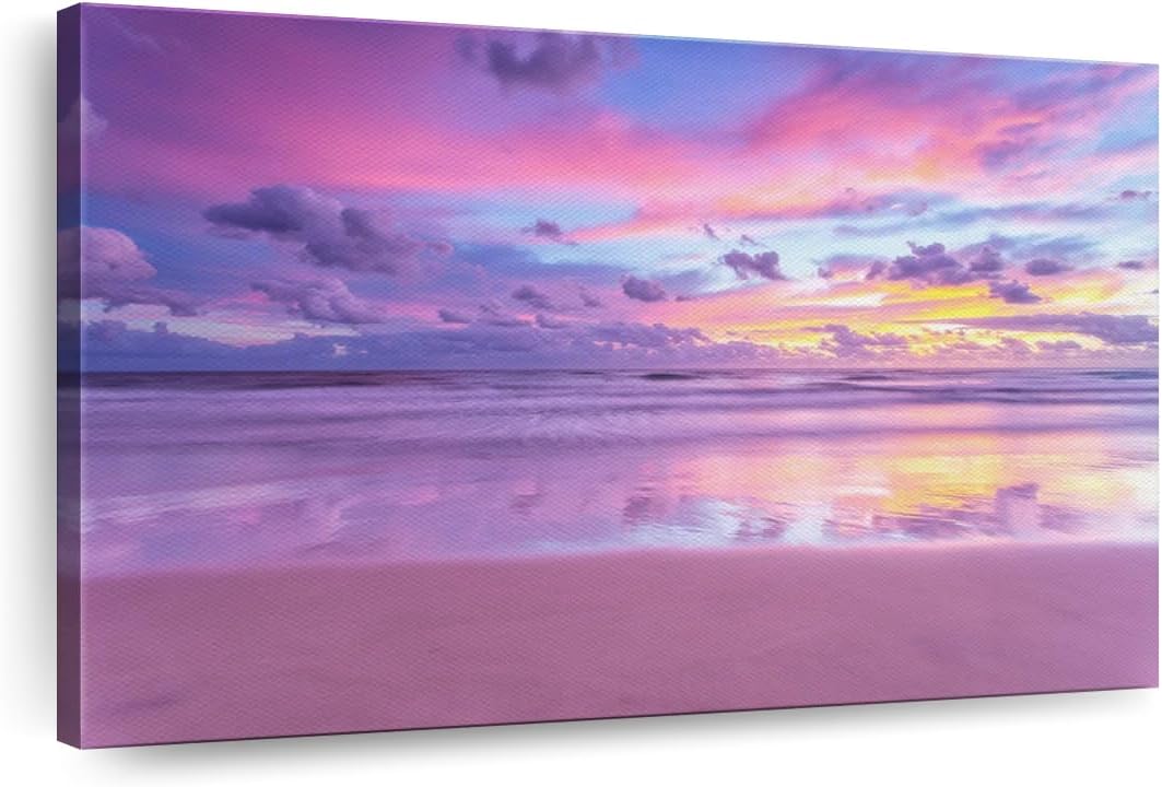 ElephantStock Cotton Candy Beach Sunrise Wall Art - Horizontal Wrapped Canvas - 1-Piece Living Room Wall Decor - Photography Beach Canvas Print - Purple and Pink Decor for Wall - 39' X 26'