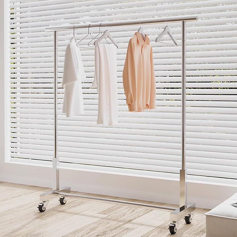 Heavy Duty Garment Rack, Stainless Steel Clothing Rack on Wheels, Freestanding Commercial Clothes Rail for Hanging Clothes, Silver Rolling Clothing Display Stand for Bedroom & Retai(Size:120X40X150CM)