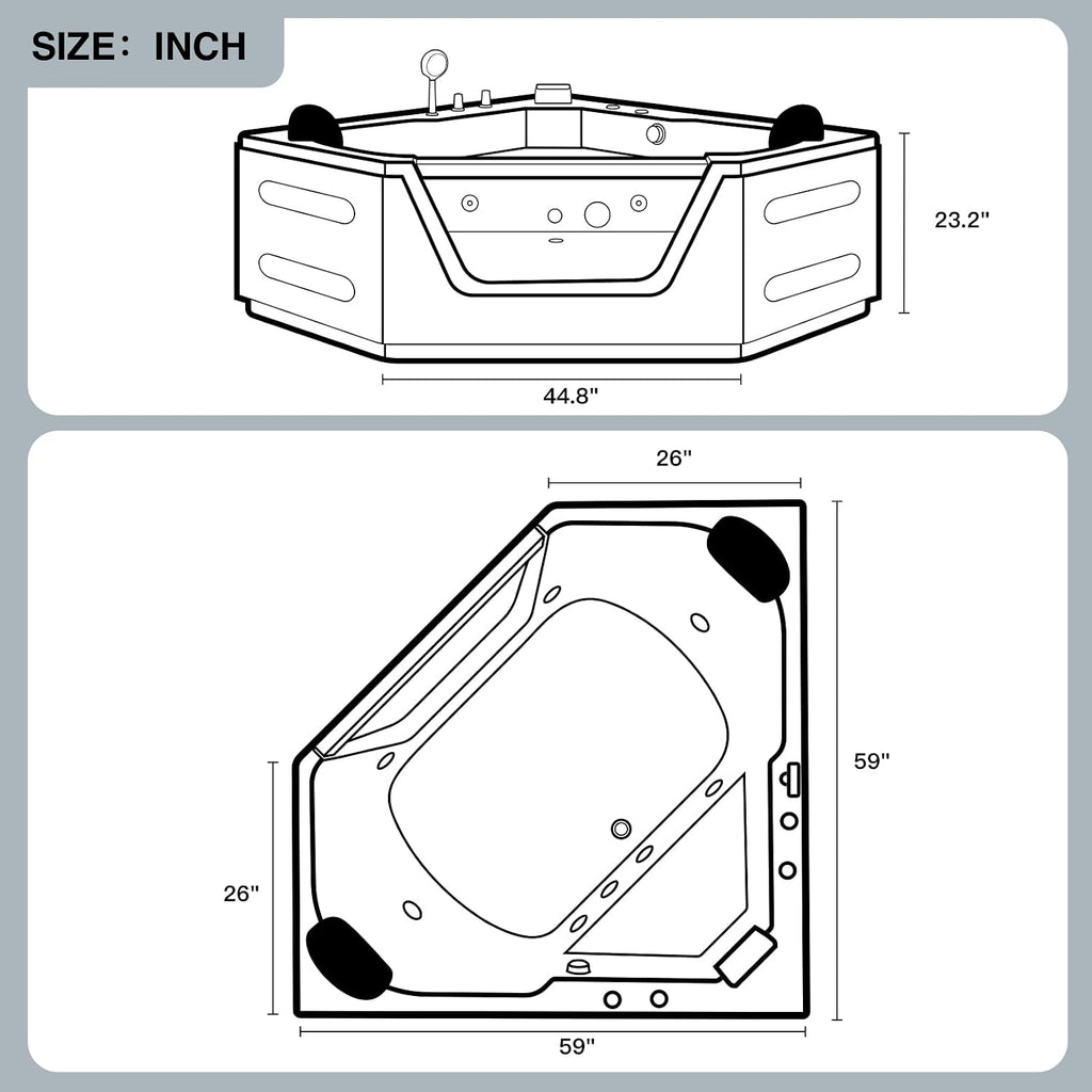 59x59 Corner Jetted Tub - Luxury White Whirlpool Acrylic Bathtub with 7 Color Light Ideal for Couples' Relaxation and Wellness Home Spa, Ergonomical Bathtub Includes Faucet & 2 Bath Pillows