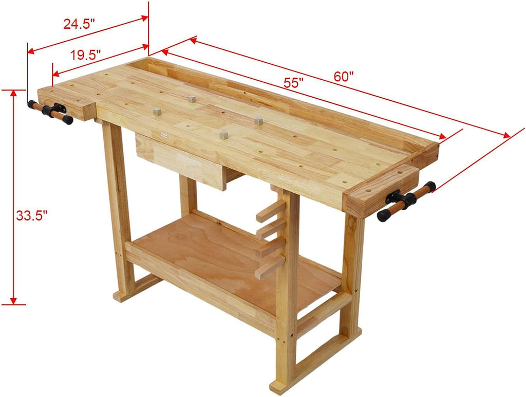55-Inch Wood Workbench - Wooden Workbench for Garage Workshop and Home Throat for Enhanced Workshop Experience, Versatile & Spacious with Bar Clamps Set 2 pcs 12 inch x 3inch+ 2pcs 20inchx4-3/4 4PCS