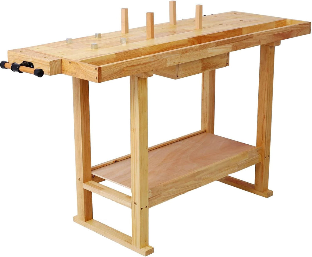 55-Inch Wood Workbench - Wooden Workbench for Garage Workshop and Home Throat for Enhanced Workshop Experience, Versatile & Spacious with Bar Clamps Set 2 pcs 12 inch x 3inch+ 2pcs 24inchx4-3/4 4PCS