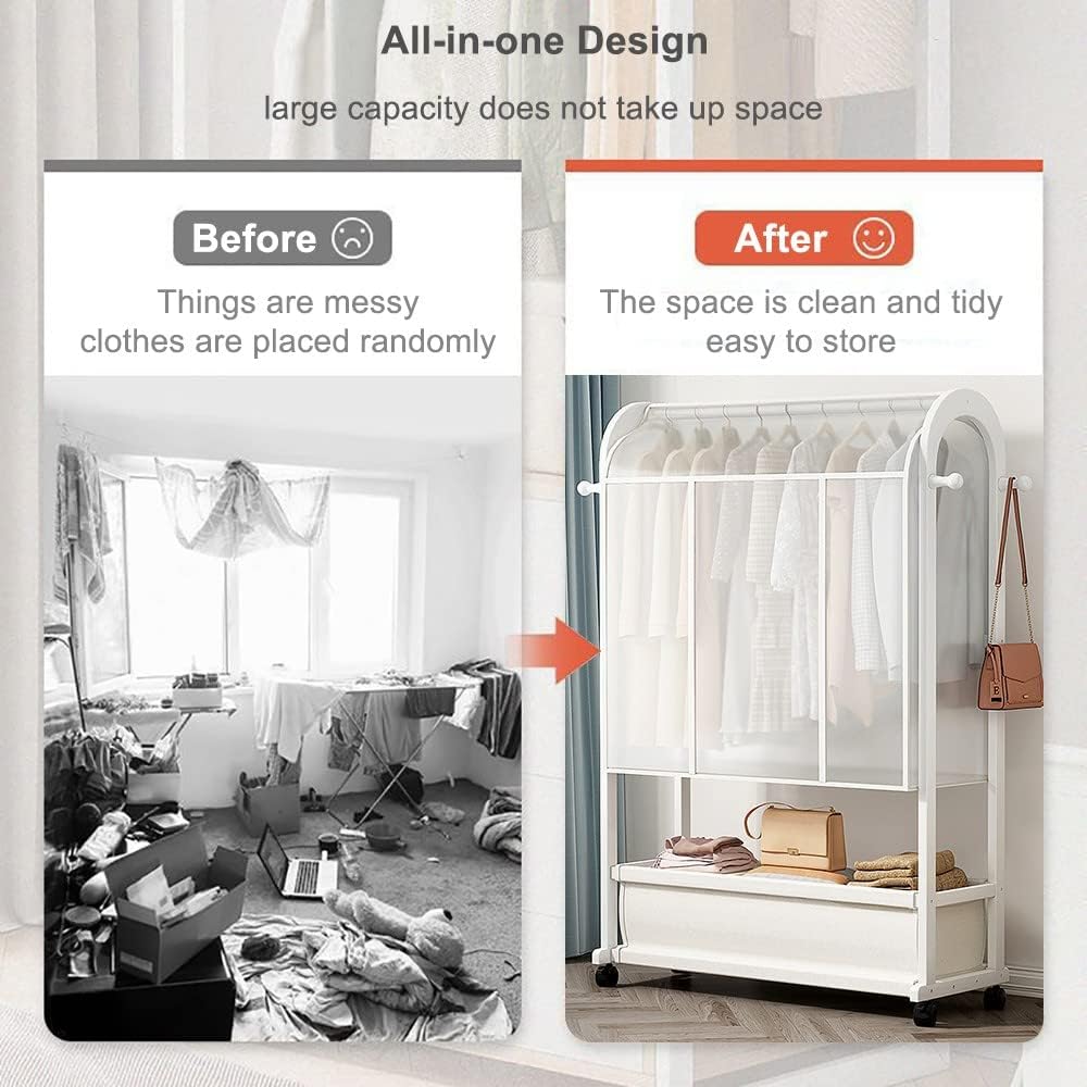 Heavy Duty Clothes Rail with Wheels and Dust Cover, Bamboo Garment Rack with Shelves, for Bedroom Home (White 70x32x165cm)