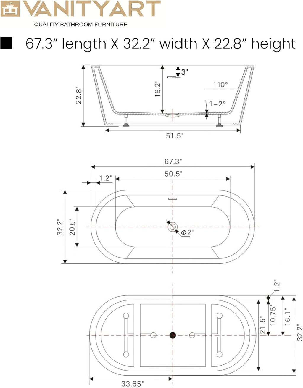 Vanity Art 68' x 32' Acrylic Freestanding Bathtub | Modern Stand Alone Soaking Tub with Overflow and Pop-up Drain, UPC Certified VA6815-L-MB