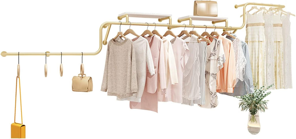 Boutique Retail Garment Rack,Modern Industrial Pipe Wall Mounted Garment Rack,Heavy Duty Multi-Purpose Hanging Bar with Shelves,Gold Closet Organizer System(L 300cm