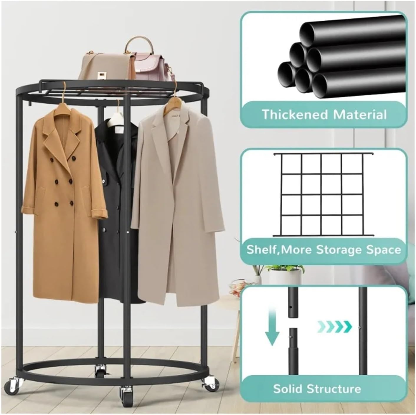 Rolling Clothing Rack Clothing Garment Rack Round Clothes Rack with 4 Universal Wheels(Color1)