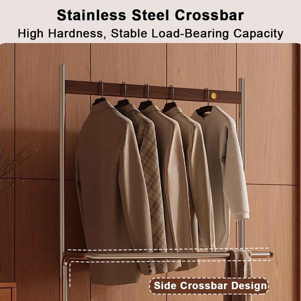 Metal Frame Coat Rack Freestanding, Mobile Clothing Racks with Wheels, Retro Coat Stand with Solid Wood Drawer, Multifunctional Clothes Rack for Bedroom, Cloakroom(89cm-35in)