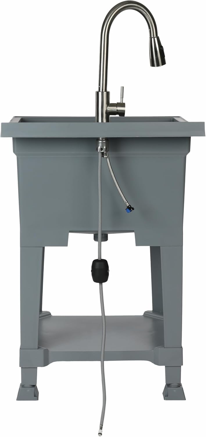 UTILITYSINKS Freestanding Utility Tub Sink with Quick Connect Drain, 24 x 24', Gray - Portable and Compact Sink with Faucet for Outdoor Kitchen, Laundry Room, Garage, and Basement