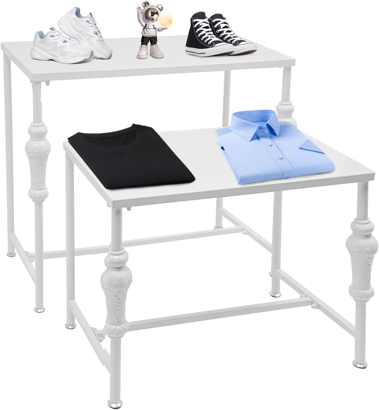 Industrial Retail Display Tables, Set of 2 Standing Clothing Shoes Display Rack, Heavy Duty Boutique Display Riser Storage Shelves, Garment Handbag Display Stand for Retail Clothing Store (White)