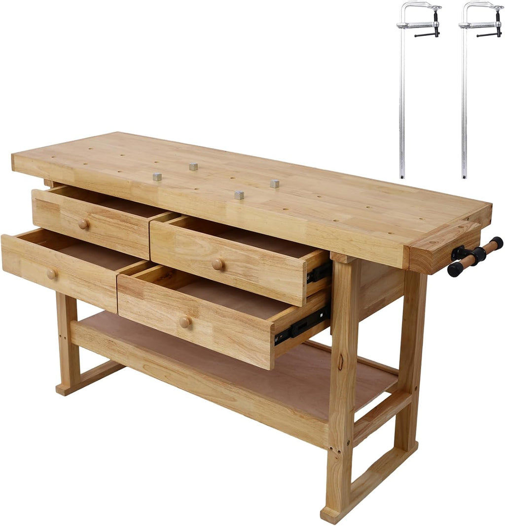 60in Workbench with 4 Drawers Wooden Workbench for Garage Workshop and Home, with Bar Clamps (2, Set 24' x 4.8' Throat)
