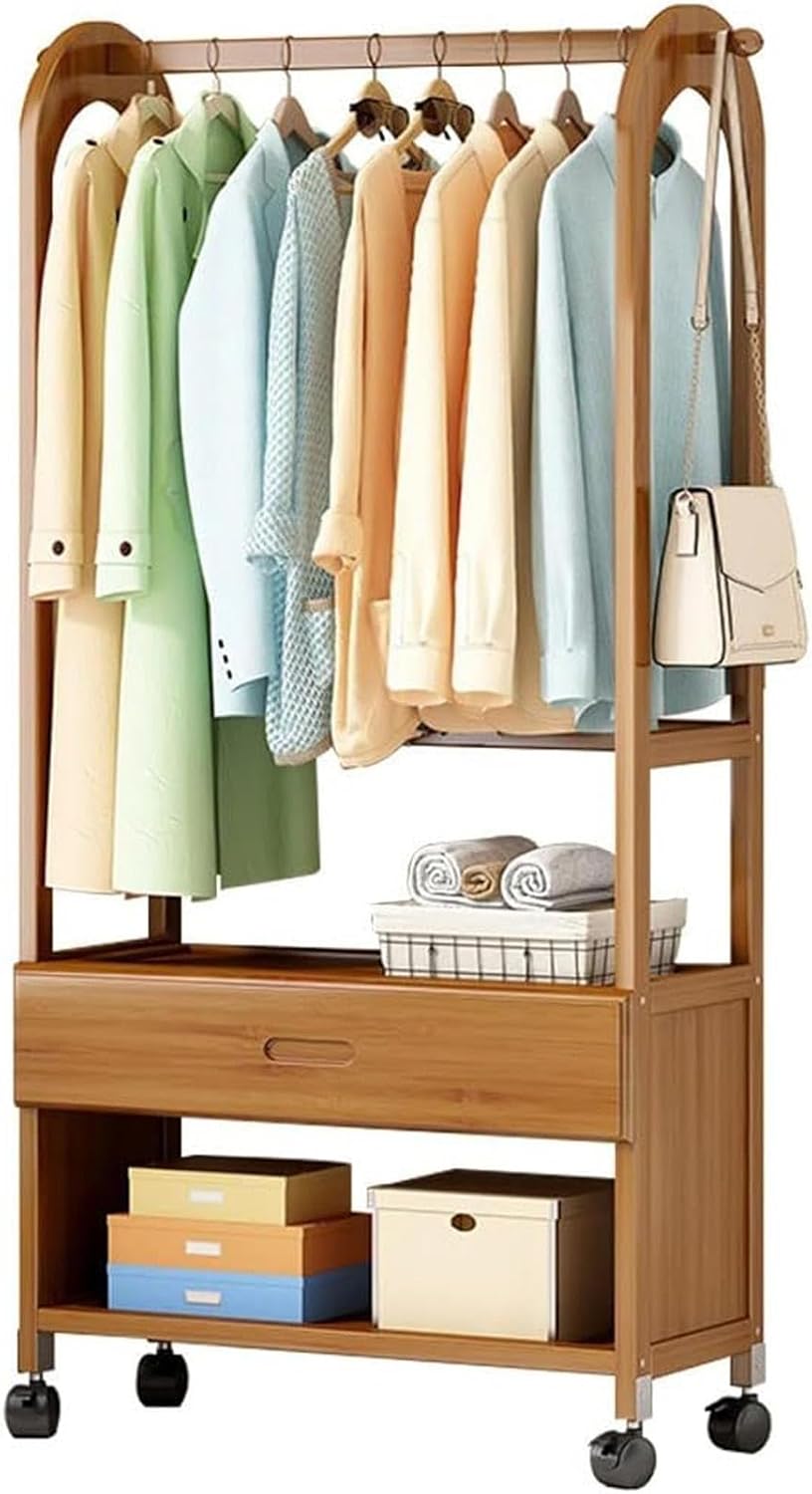 Bamboo Rolling Clothes Rack with Drawer, Heavy Duty Freestanding Garment Rack on Wheels for Entryway, Living Room & Bedroom - 70cm Adjustable Clothing Organizer