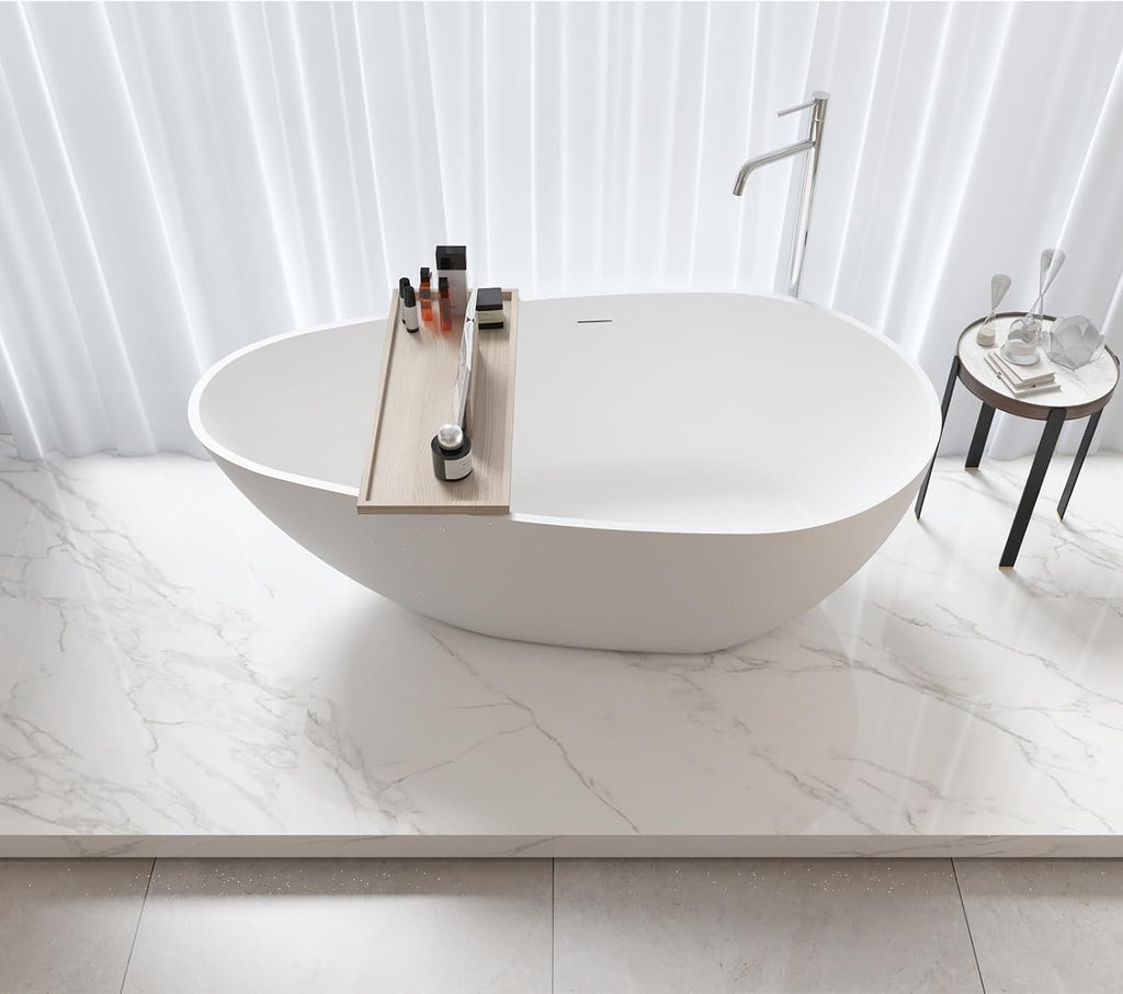 TONA 59' Stone Resin Freestanding Bathtub， Modern Egg Shell Shapes Solid Surface Soaking Stand Alone Tub, Matte White, Drain & Overflow Included