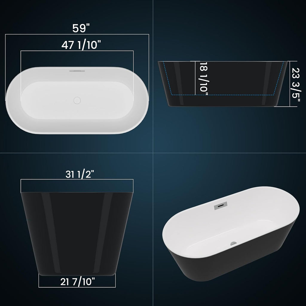 59 Inch Freestanding Acrylic Bathtub, Modern Soaking Tub with Chrome Overflow & Drain, CUPC Certified, Deep Soaking Design for Luxurious Spa Experience, Contemporary Bathroom Centerpiece