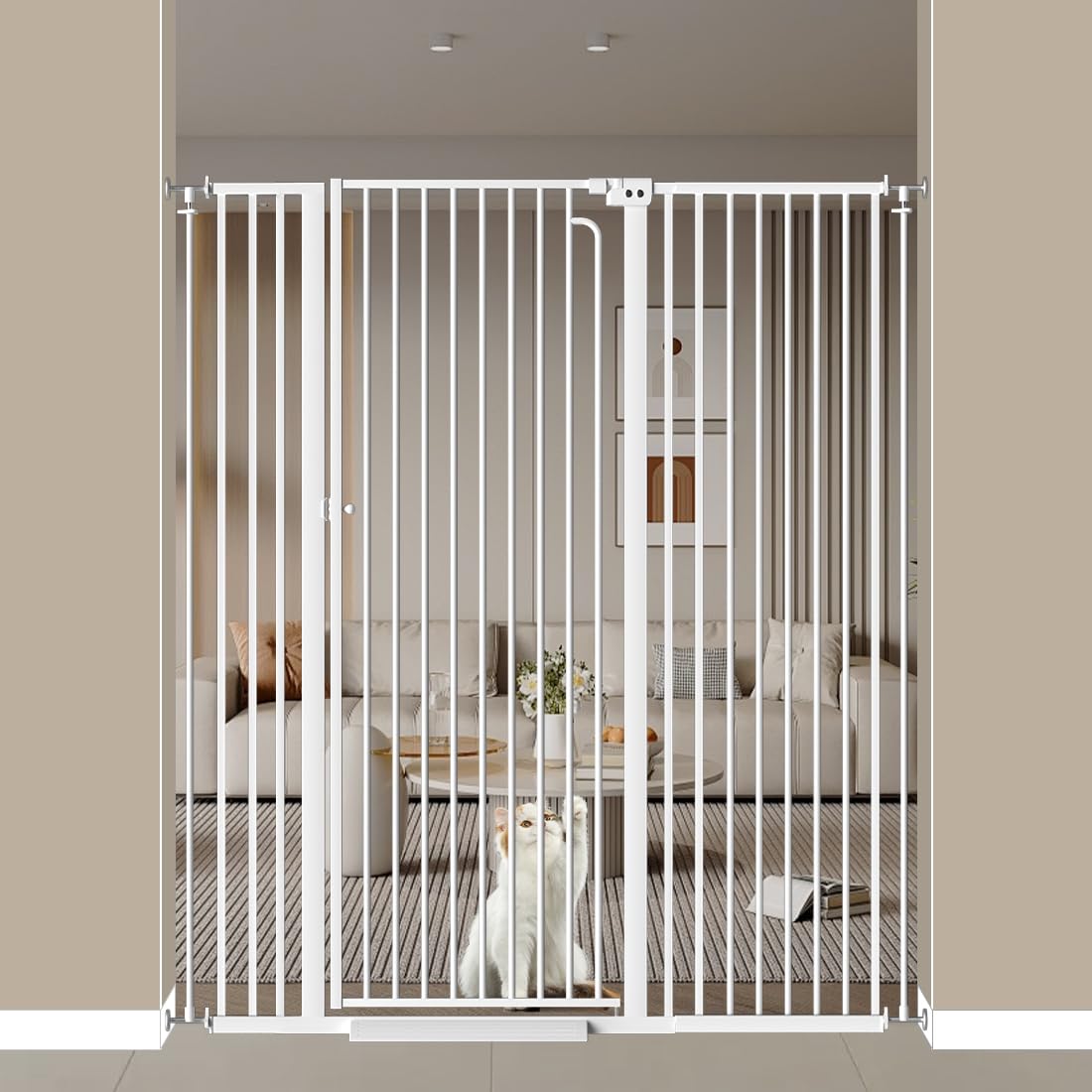 57' Extra Tall Cat Gate, 48.0'-52.7' Wide Pet Gate for Doorway, Pressure Mounted Tall Baby Gate with Door, Walk Through Dog Gate Indoor Stairs, Auto Close Cat Safety Gates, White