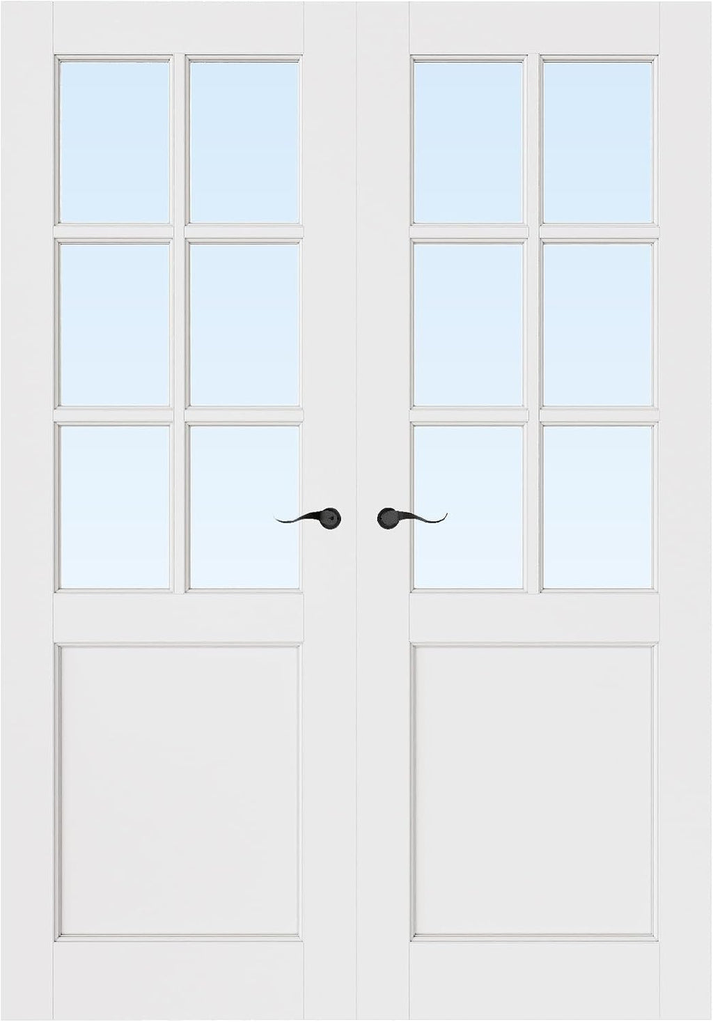 French Door 56' x 80' (Double 28' x 80') 6-Lite Clear Glass Door Slabs with Pre-Hung Jamb, Black Hinges, Levers and Latch, White Primed, French Interior Doors with Frame, Swing Double Bedroom Doors