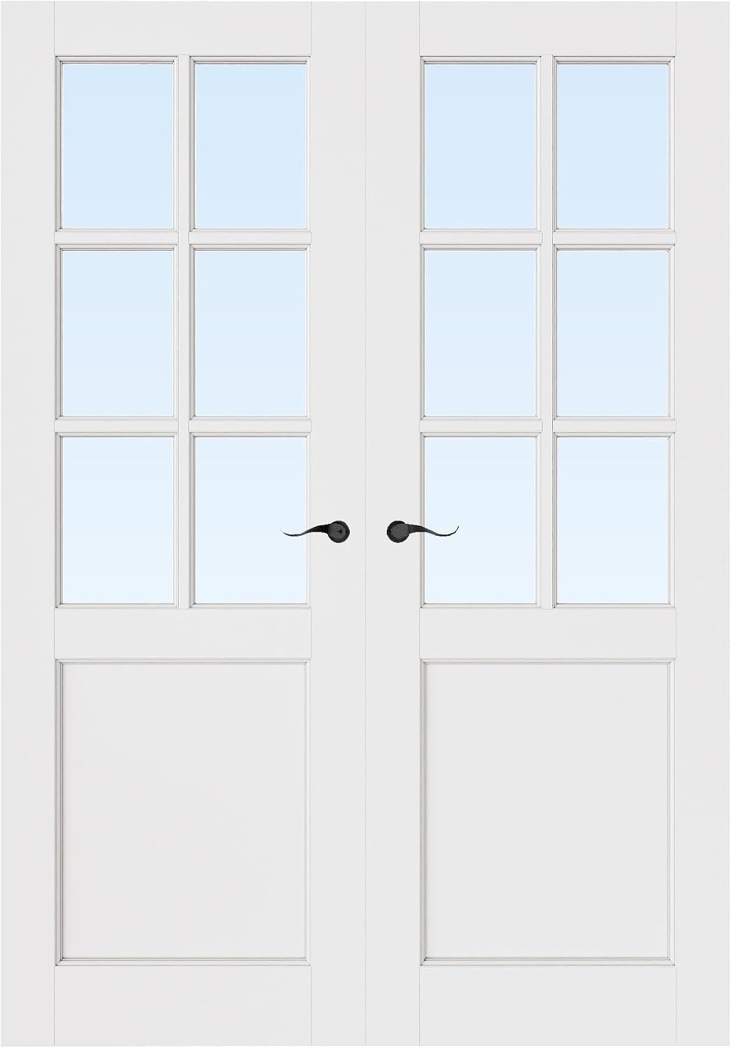 French Door 56' x 80' (Double 28' x 80') 6-Lite Clear Glass Door Slabs with Pre-Hung Jamb, Black Hinges, Levers and Latch, White Primed, French Interior Doors with Frame, Swing Double Bedroom Doors