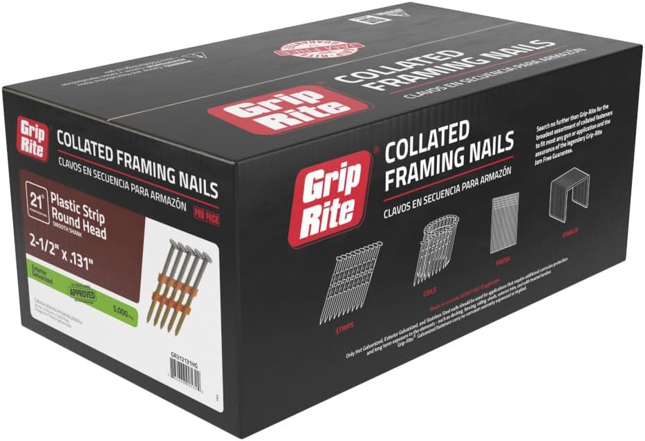 Grip-Rite 21 Degree Framing Nails - Exterior Galvanized Nails for Wood-To-Wood Framing Projects - Plastic Strip Collated Fastener - Round Head - Smooth Shank - 2-1/2' x .131' - 5000 Count - GR212131HG