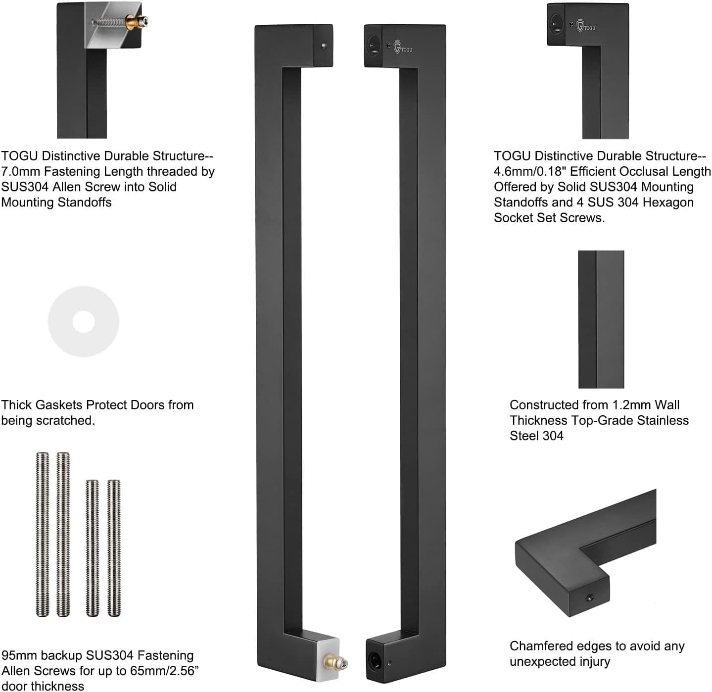 TOGU TG-6013 1500mm/60 inches Square/Rectangle Shape Stainless Steel Push Pull Door Handle for Solid Wood, Timber, Glass and Steel Doors, Full Matte Black Finish