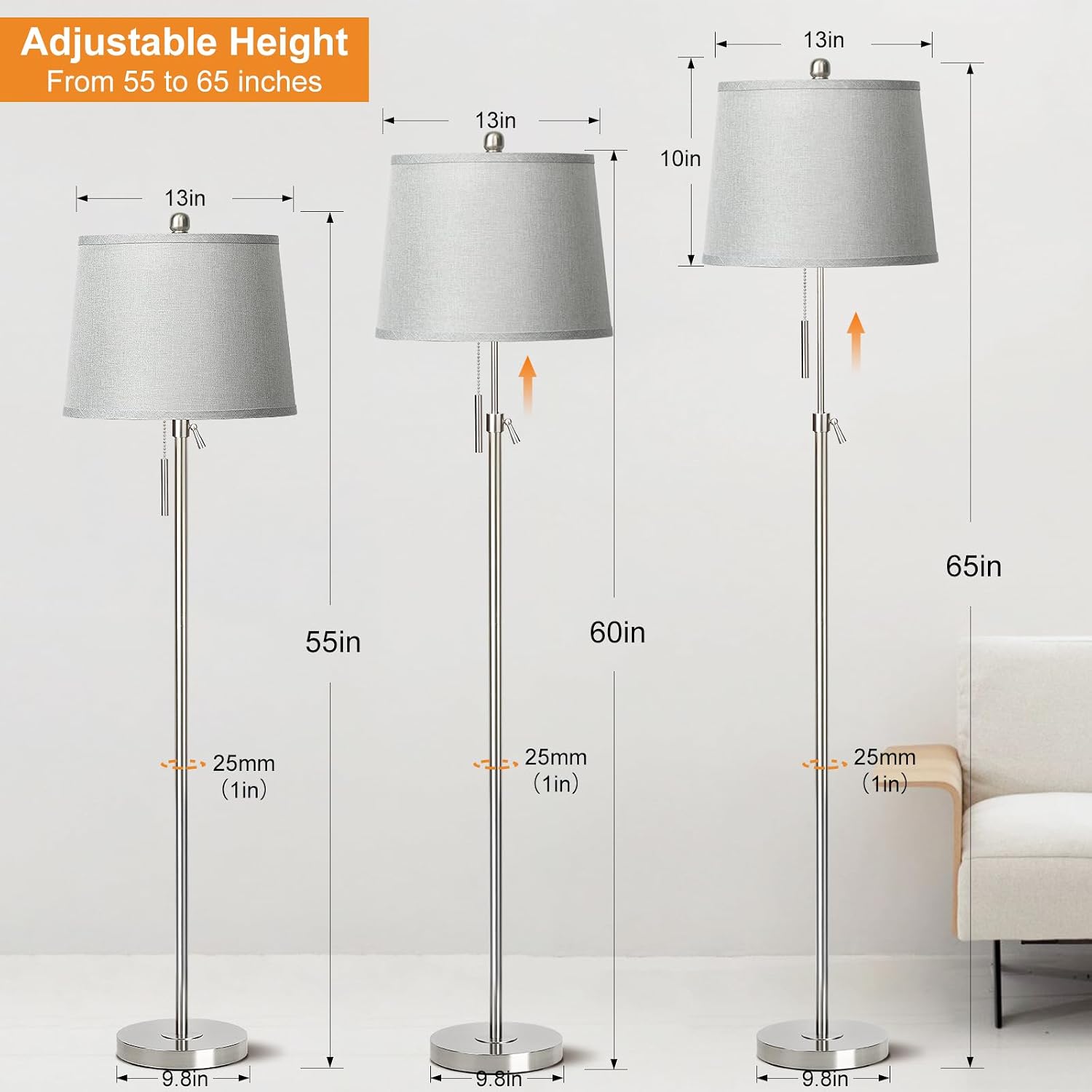 JUNNAI 3 Piece Lamp Sets for Living Room Floor and Table Lamps Set of 3 Adjustable Height Tall Standing Lamp 3 Color Temp Modern Silver Lamp for Bedroom Nightstand Bedside EndTable(LED Bulbs Included)