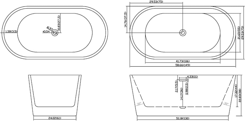 59' Acrylic Freestanding Bathtub-Acrylic Soaking Tubs, Black Bathtub, Oval Shape Black Freestanding Bathtub with Chrome Overflow and Pop Up Drain