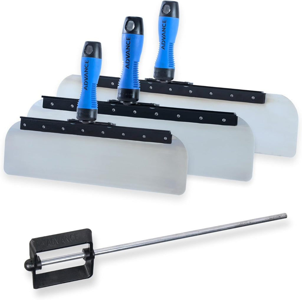 Stainless Steel Skimming Knife 4-Pack Drywall Finishing Kit | Advance Equipment MFG Co. | Durable Precision Radius Blades & FREE Mud Pan Mixer | KIT 35635 | 100+ Years Family Owned USA Made