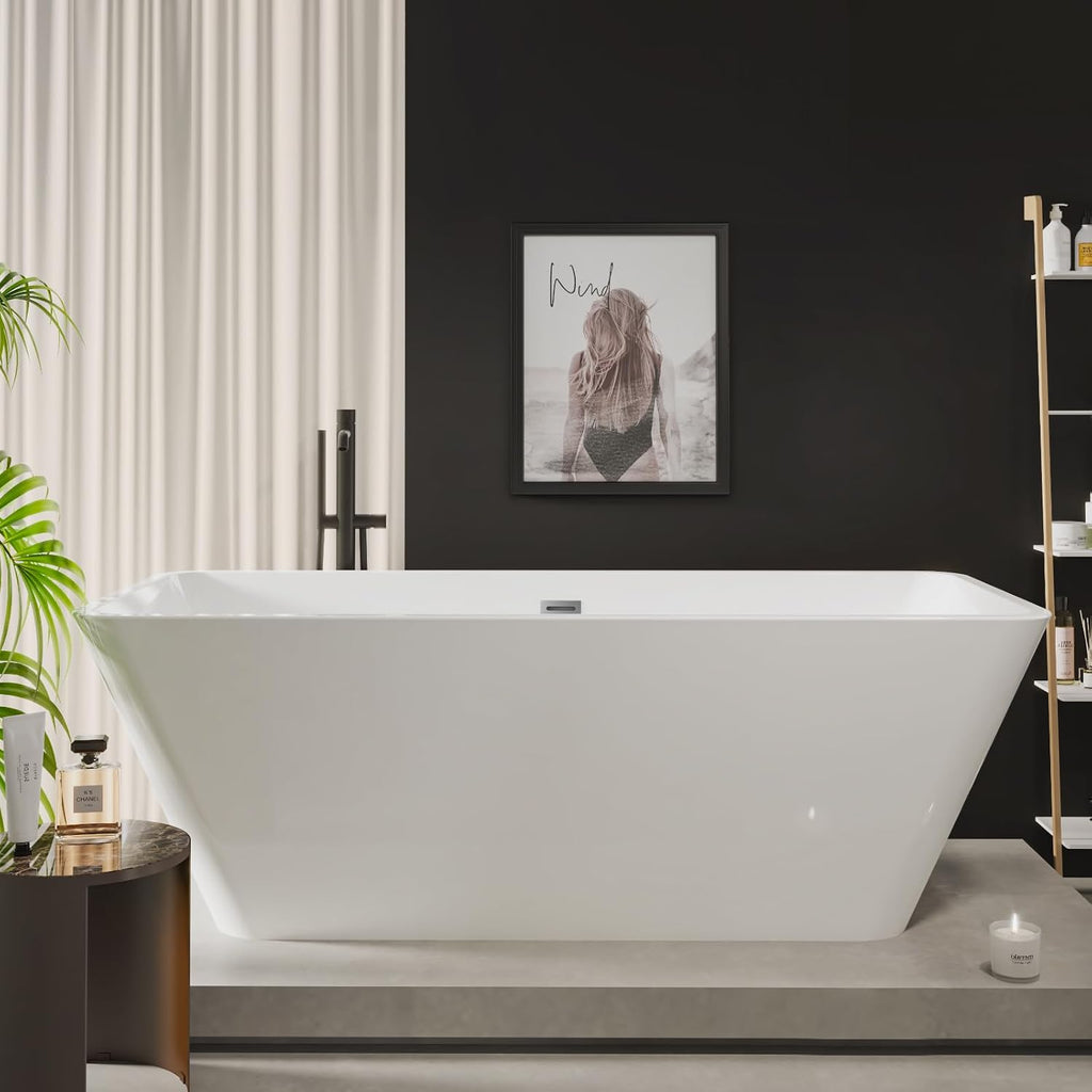 59' Modern Acrylic Freestanding Bathtub – Rectangular Soaking Tub with Chrome Drain & Streamlined Linear Overflow, Easy Installation, CUPC Certified, Glossy White