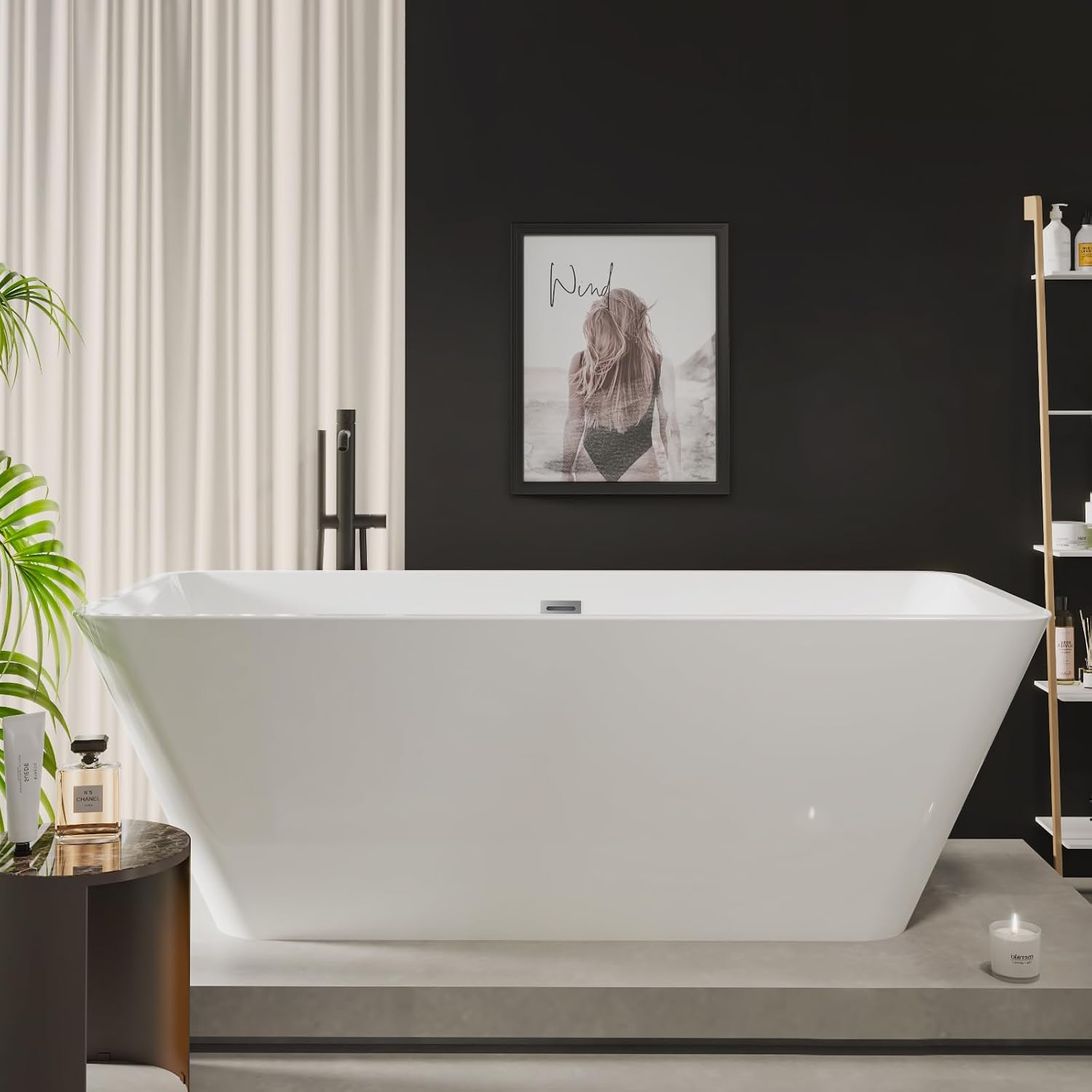 59' Modern Acrylic Freestanding Bathtub – Rectangular Soaking Tub with Chrome Drain & Streamlined Linear Overflow, Easy Installation, CUPC Certified, Glossy White