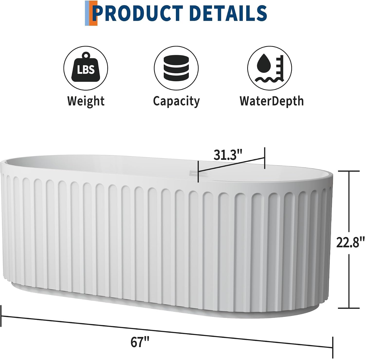 67 Inch Freestanding Soaking Bathtub, Contemporary Acrylic Pleated Tub, White Stand Alone Bath with Chrome Overflow and Drain, Easy Install for Modern Bathroom Renovation
