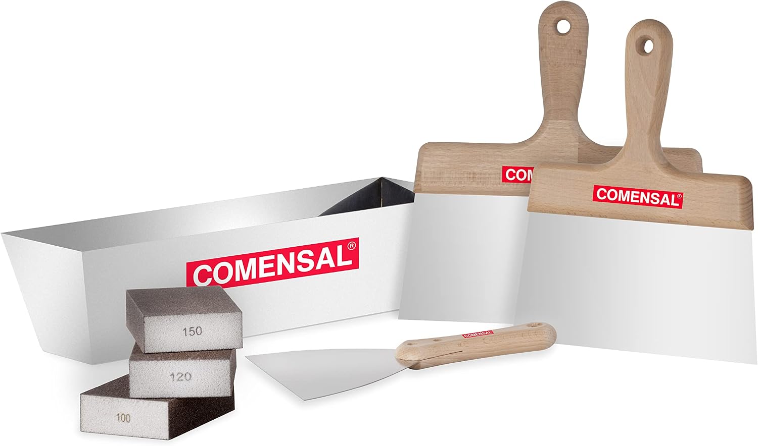 COMENSAL® Mud Pan - Steel Mud Pan Set 7 pcs - Taping Knife Set - Mud Pan Drywall - Drywall Taping Tools - Putty Knife Set - Sanding Sponge - Stainless Steel - Made in EU