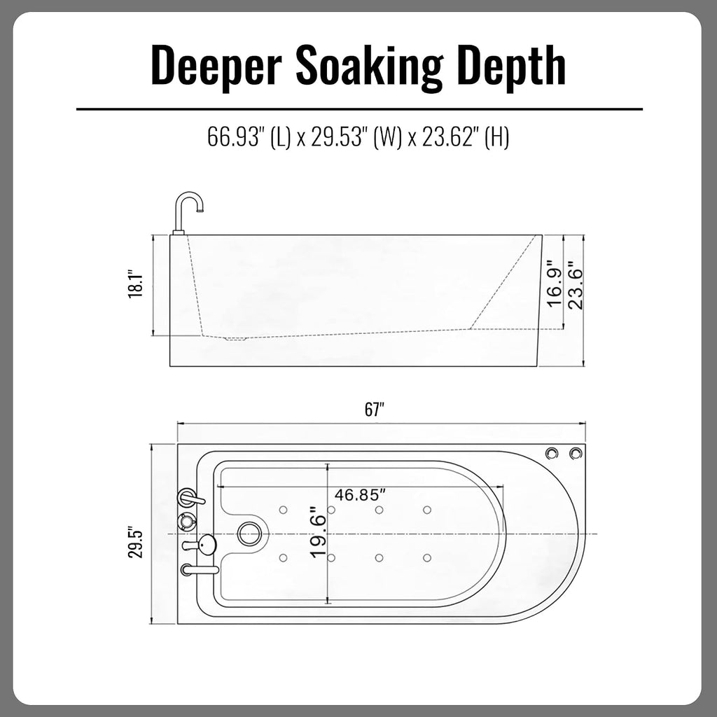 67' Freestanding Whirlpool Soaking Bathtub, Hydro Massage Tub with Bath Spa Jets, cPUC Certified Acrylic Stand Alone Tub, Left Drain & Chromatherapy, Free Standing Soaker Bathtub