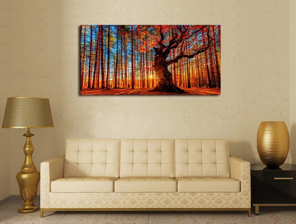 Forest Wall Art Sunset Canvas Pictures Red Leaf Trees Landscape Canvas Artwork Contemporary Nature Painting Print for Living Room Bedroom Home Office Wall Decor Framed Ready to Hang 29' x 58'