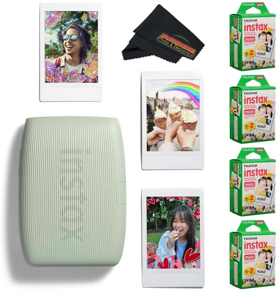 Fujifilm INSTAX Mini Link 3 Smartphone Printer with INSTAX Mini Instant Film and Sunshine Microfiber Cleaning Cloth... (4 Twin Pack (80 Sheets), Sage Green)