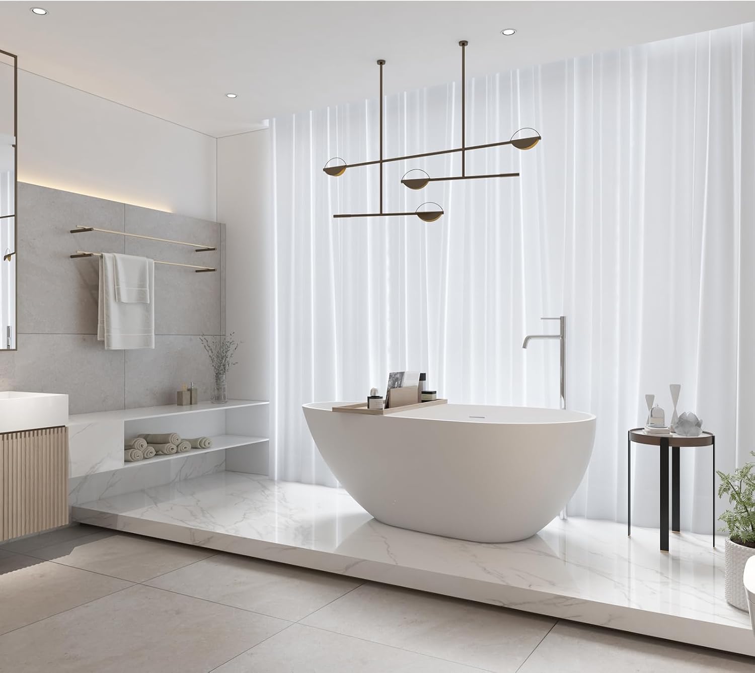 TONA 59' Stone Resin Freestanding Bathtub， Modern Egg Shell Shapes Solid Surface Soaking Stand Alone Tub, Matte White, Drain & Overflow Included
