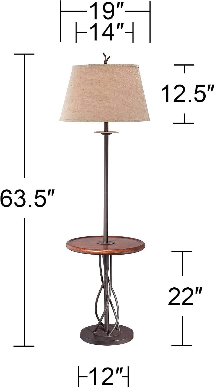 Franklin Iron Works Industrial Modern Floor Lamps Standing with Tray Table 63 1/2' Tall Set of 2 Dark Rust Iron Twist Walnut Wood Linen Bell Shades for Cottage Core Living Room Reading Bedroom