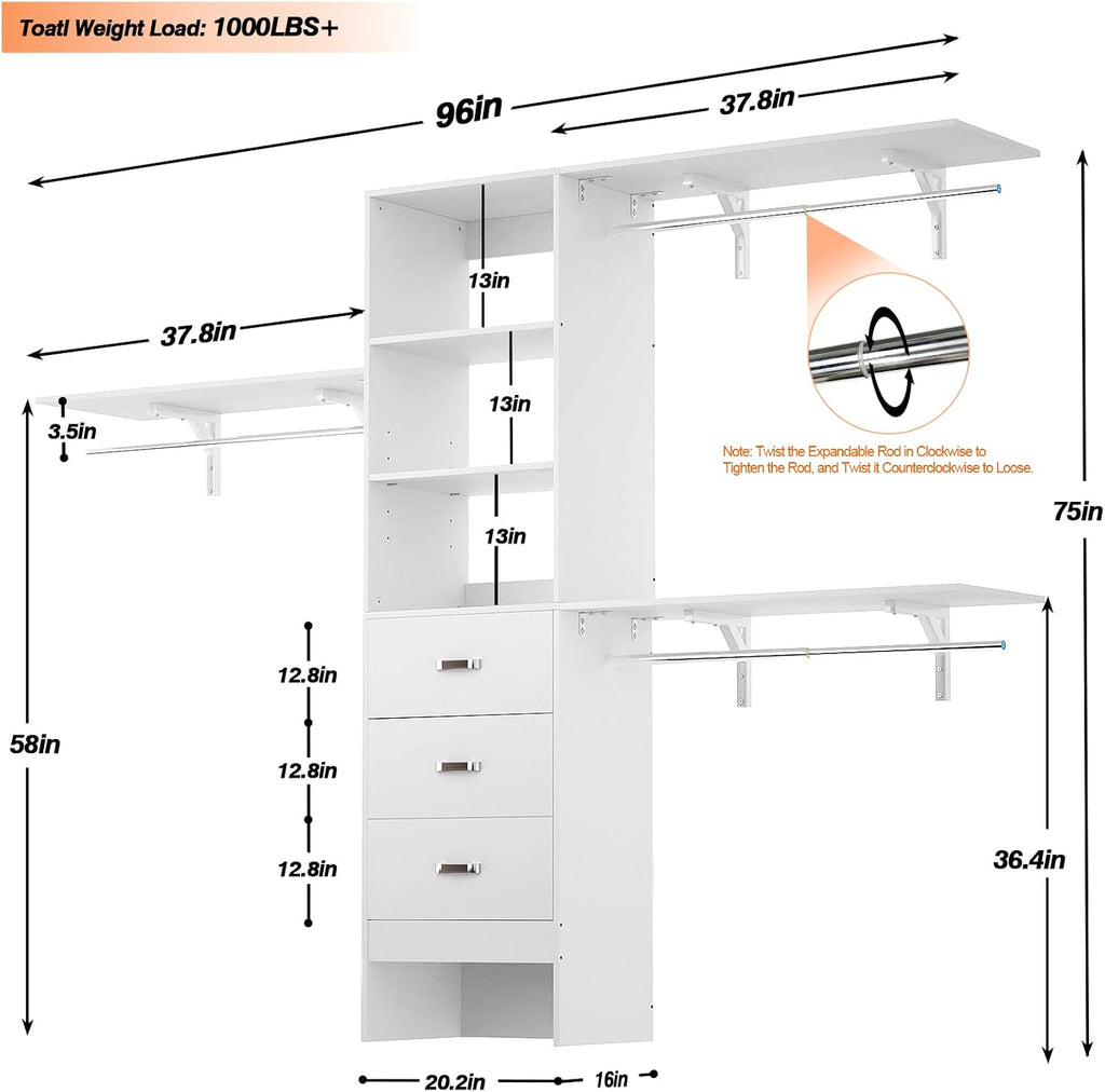 Armocity 96' Wood Closet System with 3 Enclosed Drawers & 3 Solid Shelves, 8FT Adjustable Closet Organizers and Storage, Heavy Duty Modular Wardrobe for Reach-In & Walk-In, 1000 LBS Load, White
