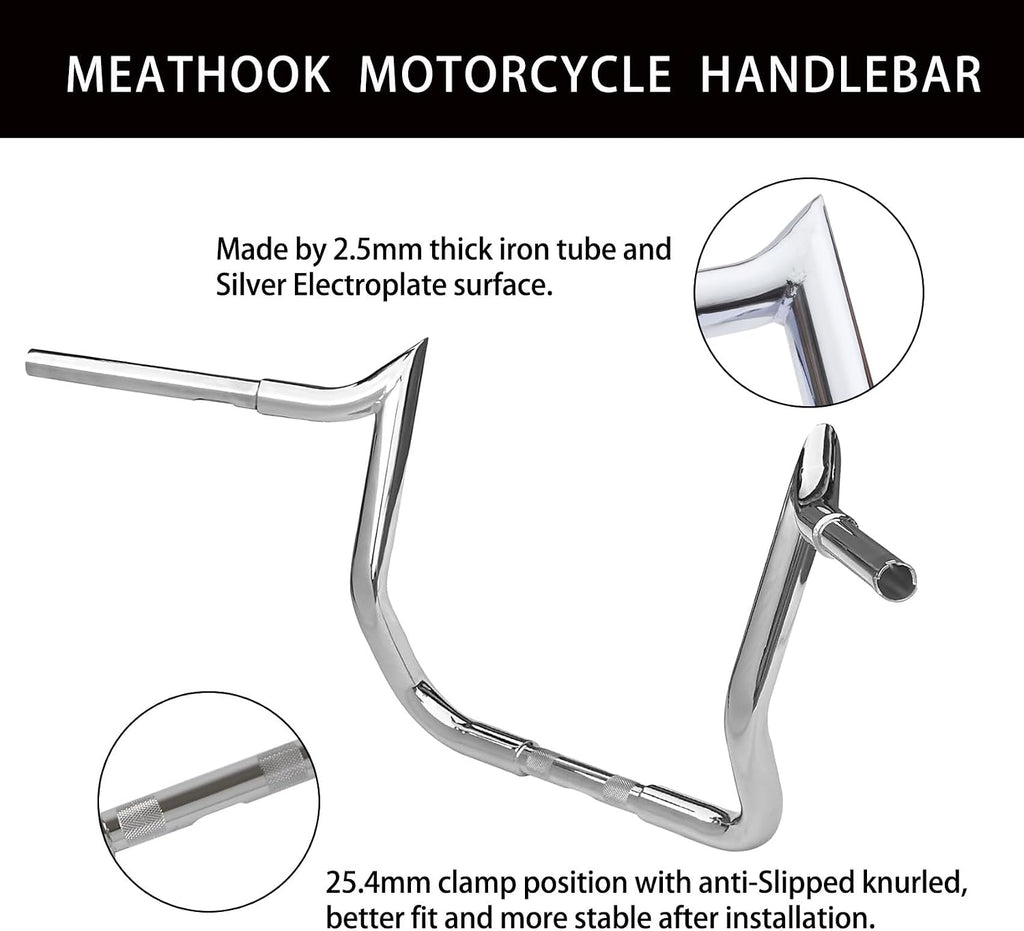 12' Rise Bar 1 1/4' Meathook Ape Hangers 32mm Handlebars fit for Harley Road king Electra Street Glide Ultra limited 1996-2024 Chrome